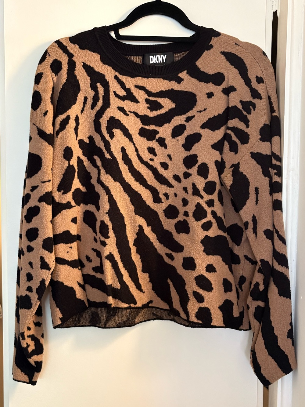 DKNY Animal Print Leopard Zebra Knit Sweater Black Tan M